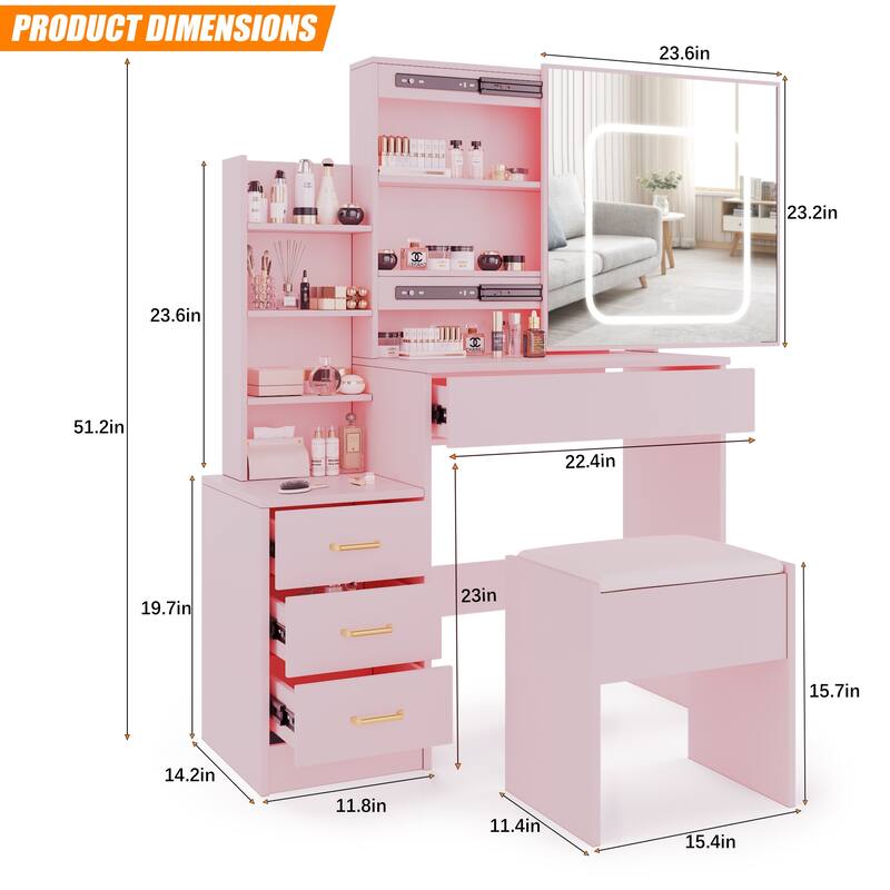 Vanity Desk with Mirror and LED Lights, Makeup Vanity Desk with Sliding Lighted Mirror & Charging Station