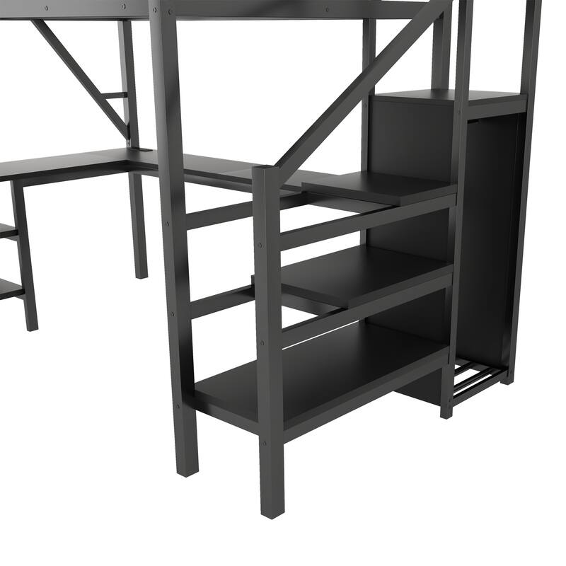 Roomfitters Full/Queen Loft Platform Bed, L-Shaped Desk and LED Wardrobe with Metal Frame for Bedroom or Guest Room