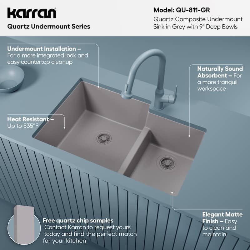 Karran Undermount Large/Small Bowl Quartz Kitchen Sink - 32" x 21.25" x 9" - 32" x 21.25" x 9"