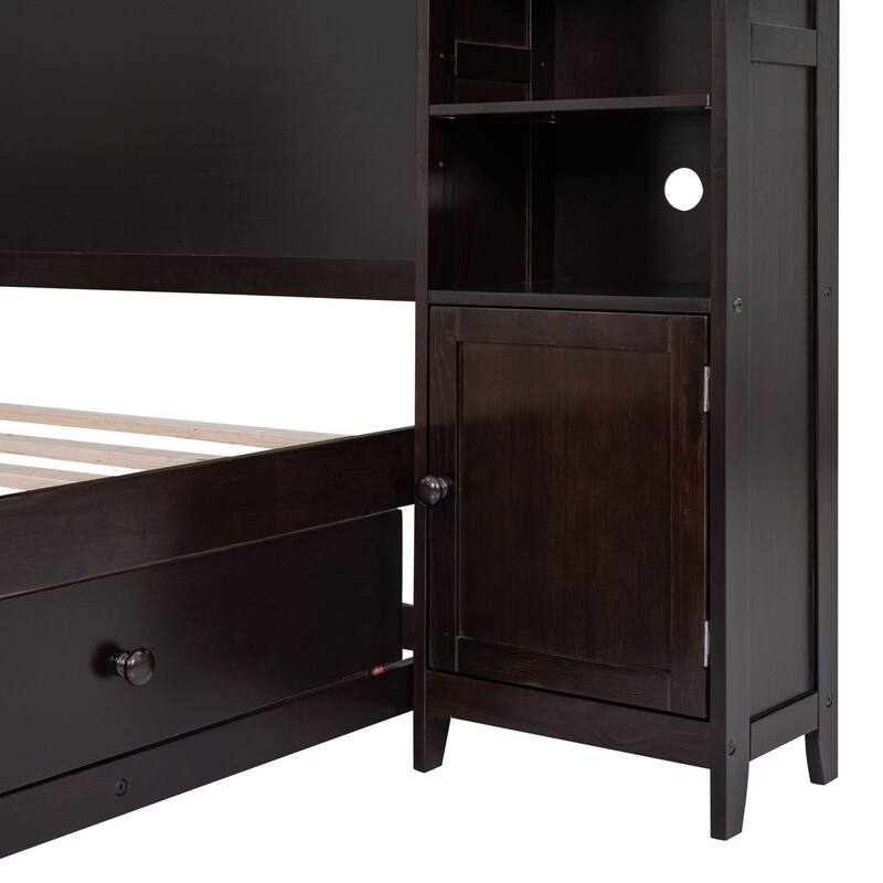 Wooden Bed with Integrated Cabinet and Shelves