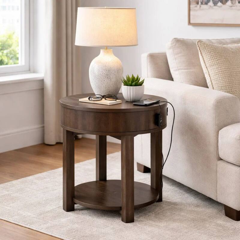 Yoel 20 Inch Modern End Table with USB Ports and Shelf, Brown Wood
