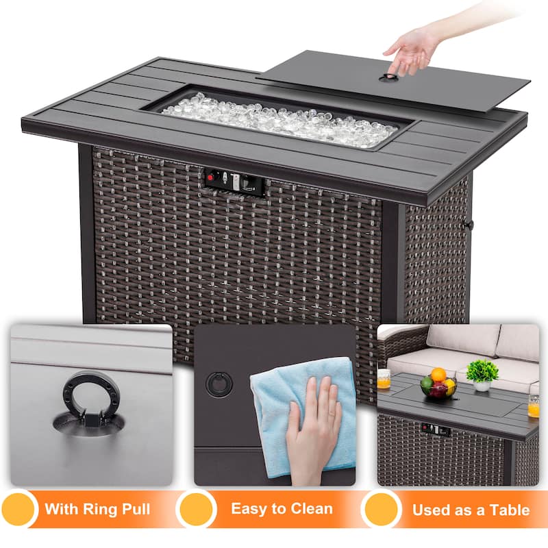 Outdoor 43-inch 50,000 BTU Propane Gas Fire Pit Table, Aluminum Tabletop and PE Rattan Weaved Iron Frame,