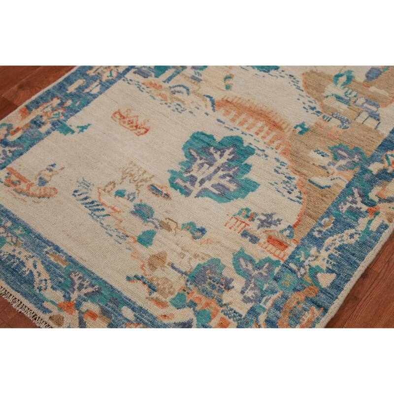 Hand Knotted Oriental 100% Wool Carpet Traditional Pictorial Beige & Ivories Art Deco Area Rug - 4' 9'' X 3' 3''