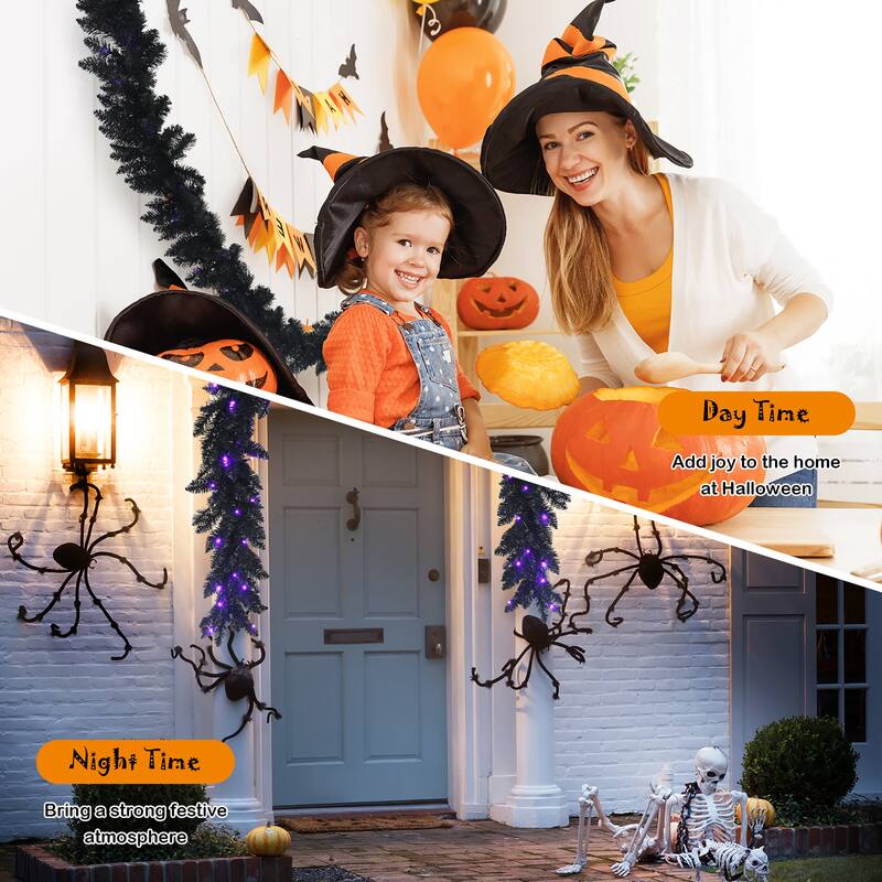 Costway 9ft Pre-lit Christmas Halloween Garland Black w/ 50 Purple LED - See details