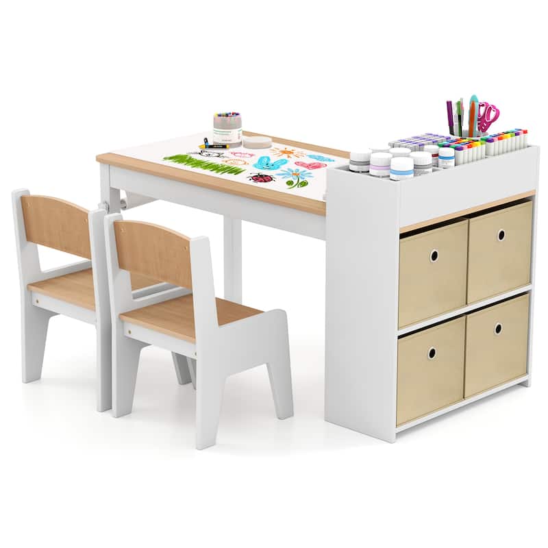 Costway Kids Art Table & Chairs Set with Paper Roll Wooden Craft Study - See Details