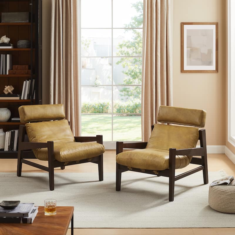 Art Leon Genuine Leather and Ash Wood Lounge Chair