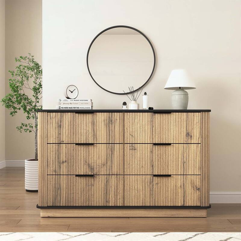 Multi-functional Six-drawer Cabinet - Natural Wood+Black