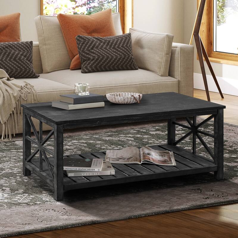 52'' W Handcrafted Coffee Table with Open Storage - Antique Black