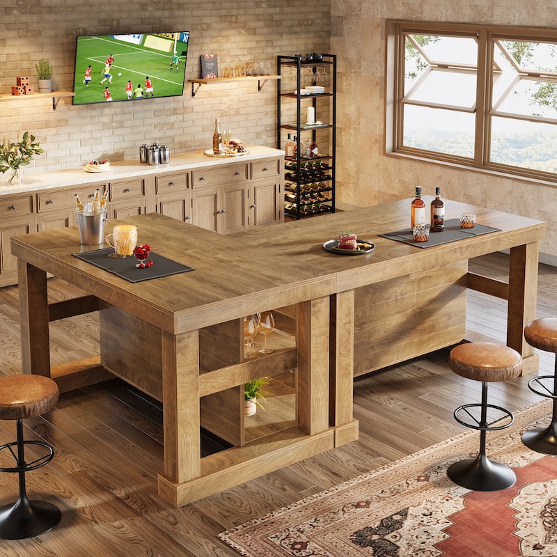 55-Inch Stationary Kitchen Island with Storage Shelves and Large Worktop, Farmhouse Style, Light Brown