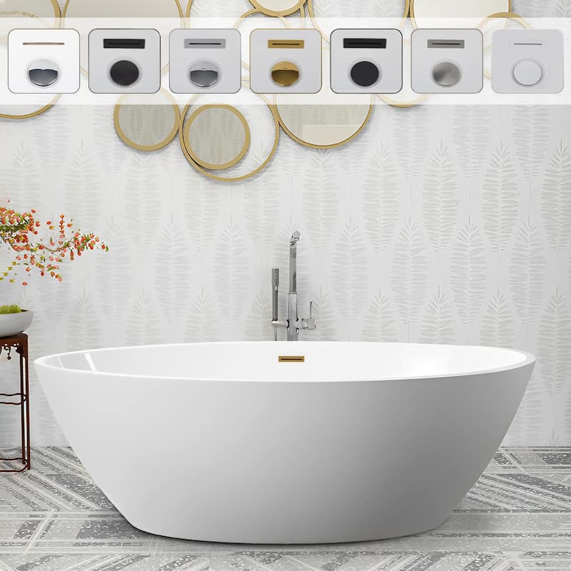Vanity Art 69" Freestanding Acrylic Soaking Bathtub with Slotted Overflow & Pop-up Drain - 69/Soaking - White/Titanium Gold