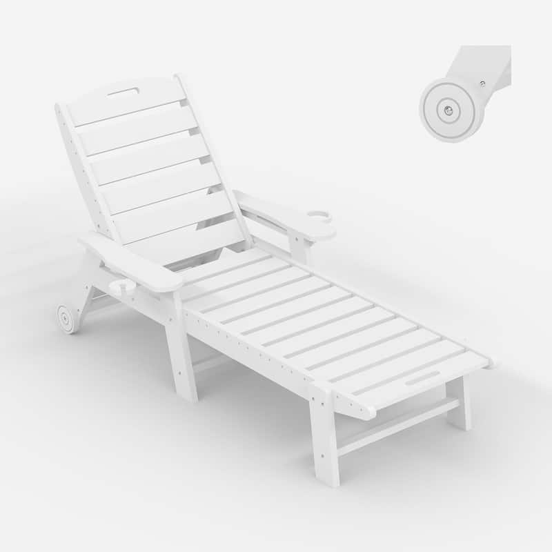HDPE 5-Position Patio Lounge Chair for Outside with Rolling Wheels - White