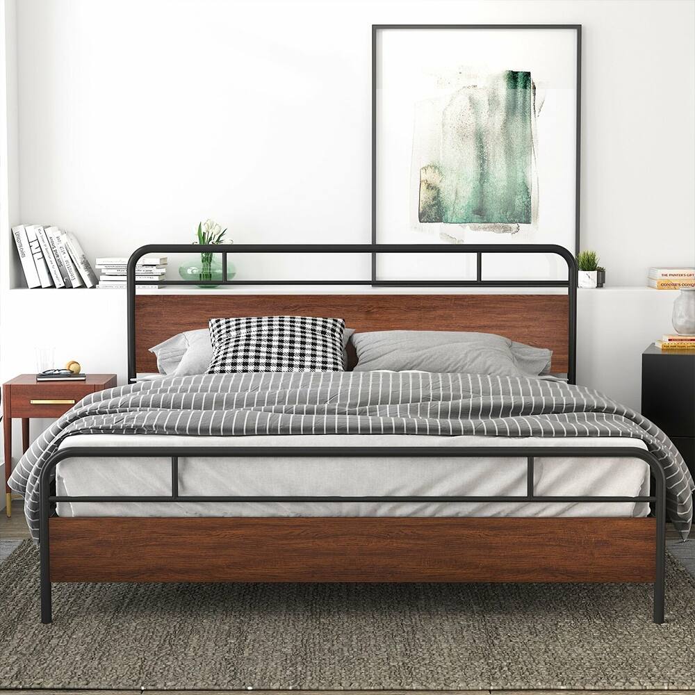 Heavy Metal King Bed Frame with Headboard & Footboard, Walnut Bed