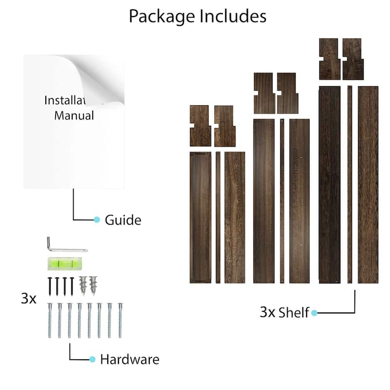 Wallniture Polynez Rustic Wood Floating Shelf, Set of 3, 24-30-36 inches Multisize Wall Shelves, Wall Mounted Shelving for Books