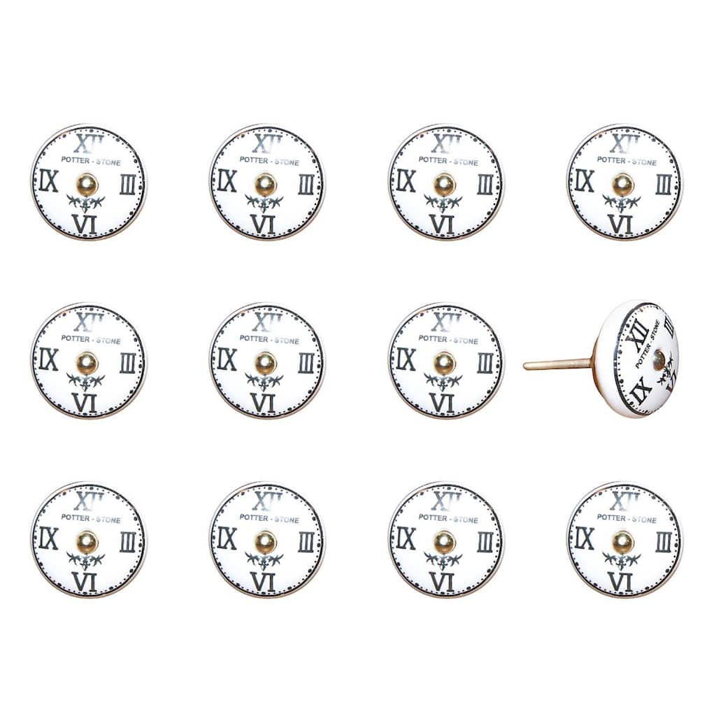 Set of 12 Hand-Painted Ceramic Clock Face Cabinet Knobs in Black White Gold for Furniture Decor - 1.5” x 1.5” x 1.5”