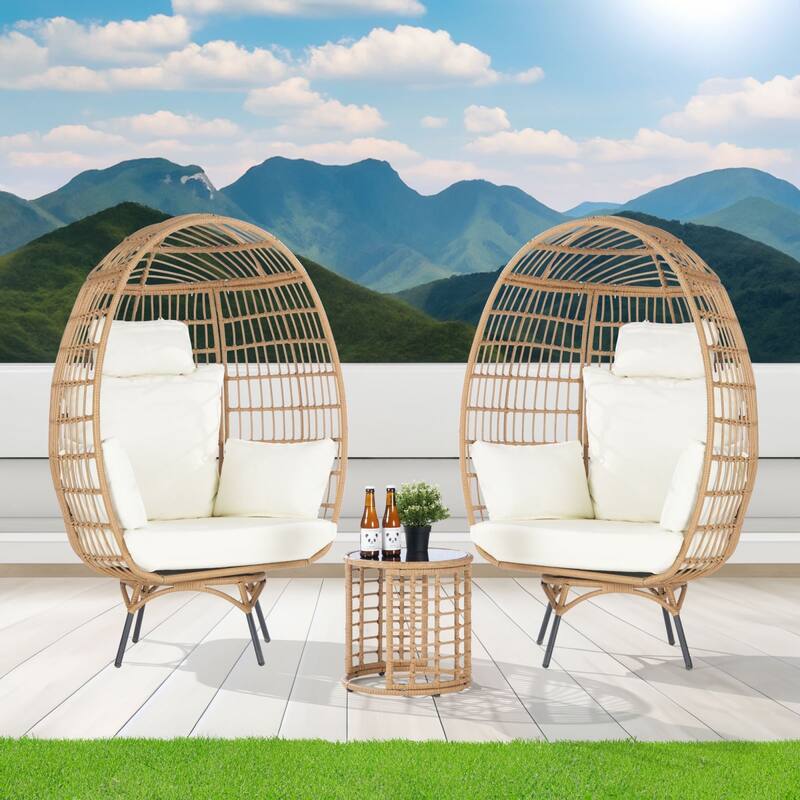 SANSTAR Set of 2 Patio Oversized Swivel Brown Wicker Egg Chairs with Cushions