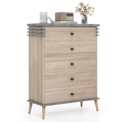 Costway 5-Drawer Dresser Farmhouse Chest of Drawers with Rubber Wood - See Details