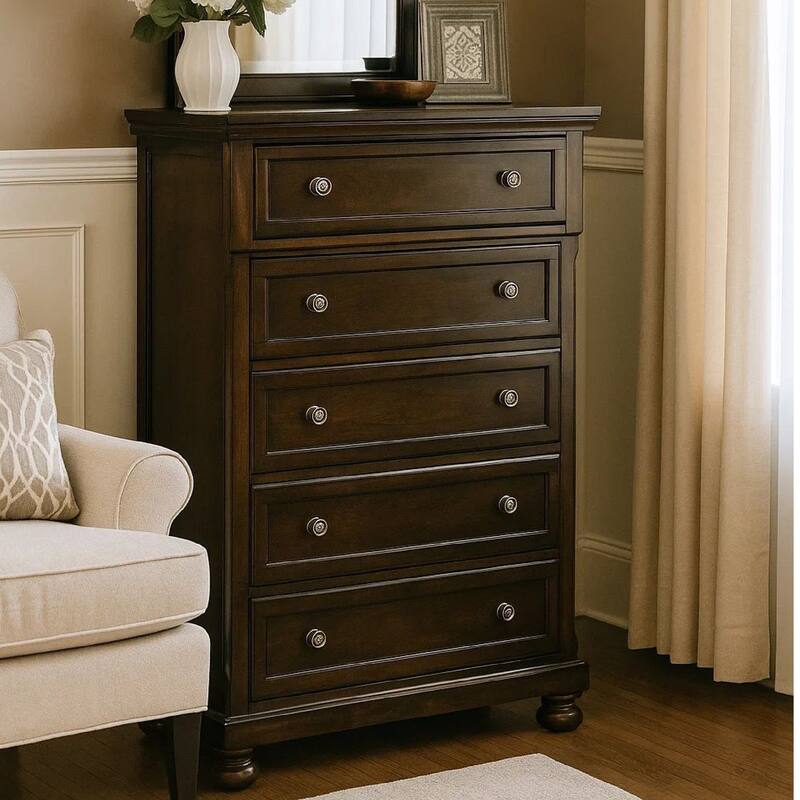 Fray 58 Inch 5 Drawer Classic Tall Dresser Chest, Brown Wood, Bun Feet