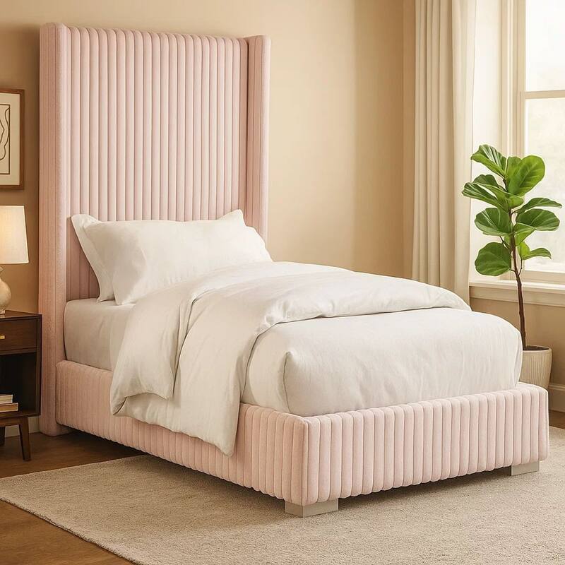 Wolo Twin Size Bed, Pink Channel Tufted Fur Chenille Upholstery