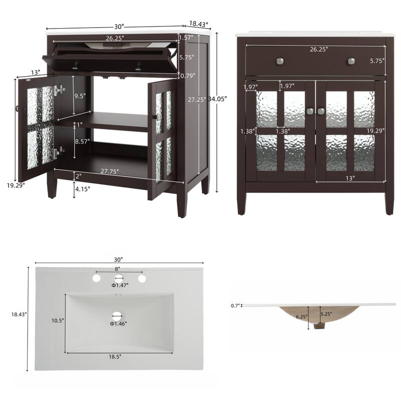 Bathroom Vanity with Ceramic Sink, Bathroom Cabinet with Tip-Out Tray, 2 Textured Glass Doors & Adjustable Shelf