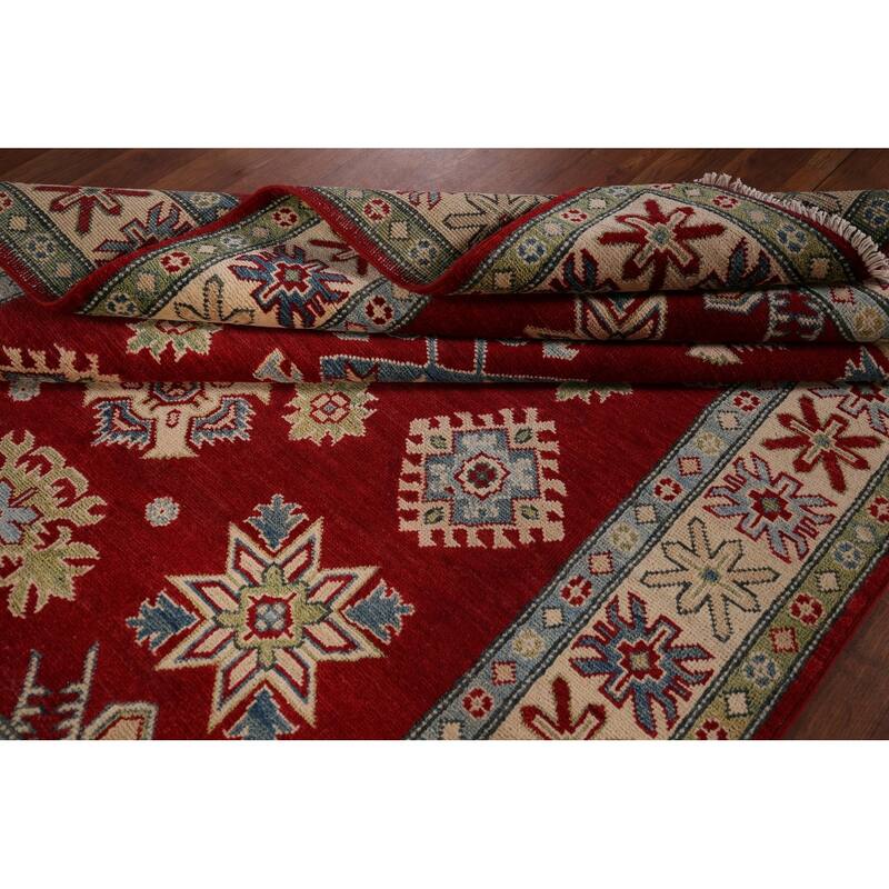 Red Geometric Kazak Rug Hand-Knotted Traditional Wool Carpet - 5'0" x 7'0"