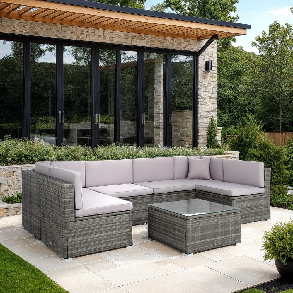 SAFAVIEH Outdoor Patio Furniture Angeles Sectional Seating Set with Glass Top Coffee Table - 23W x 26D x 26H