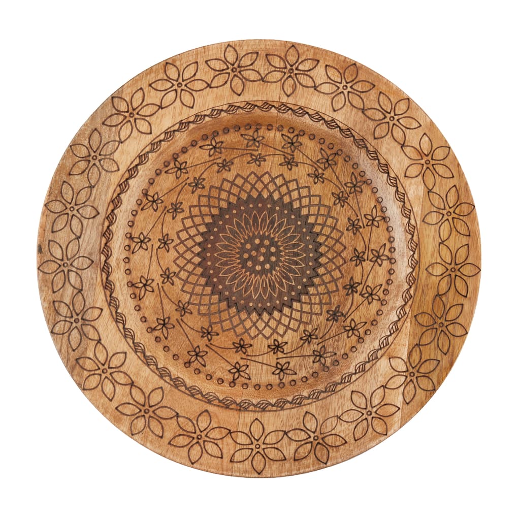 Carved Mango Wood Decorative Charger Plates (Set of 4) - Floral Mandala Table Chargers for Dining & Entertaining, 13"