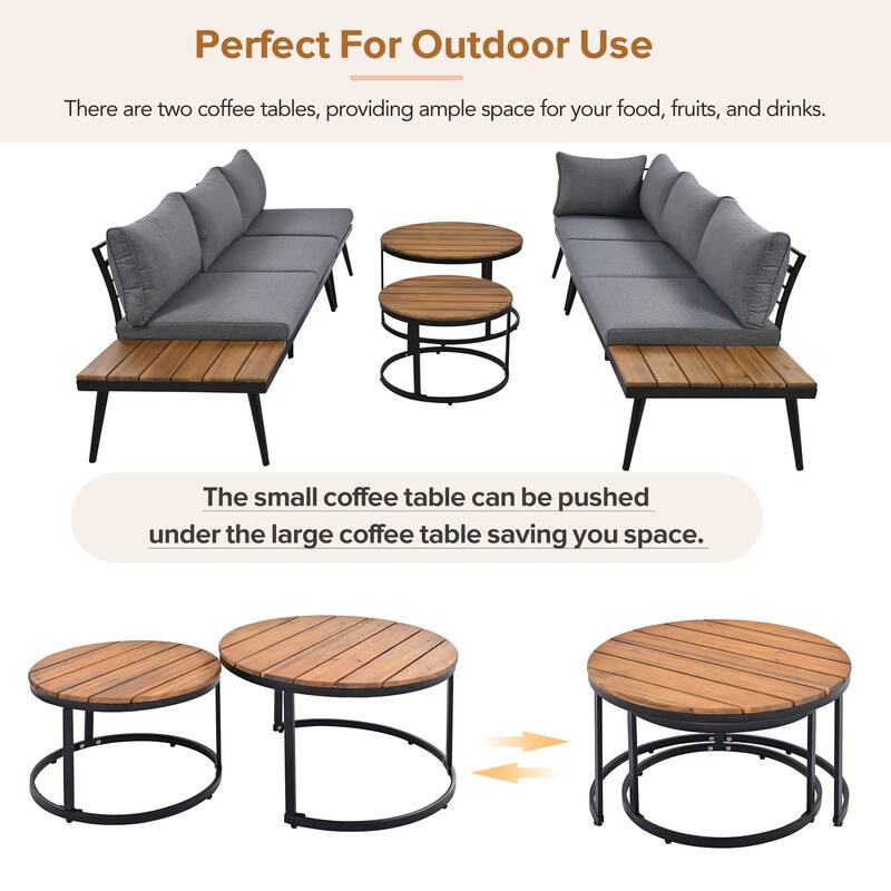 Acacia Wood Outdoor Sectional Sofa Set with Round Nesting Coffee Tables