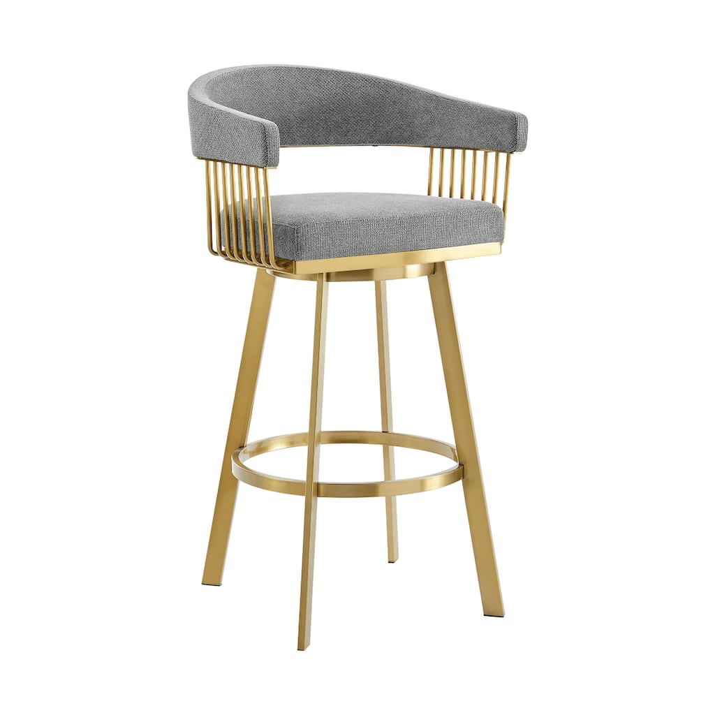 Luci Swivel Barstool Chair, Gold Steel, Tapered Legs, Gray Polyester