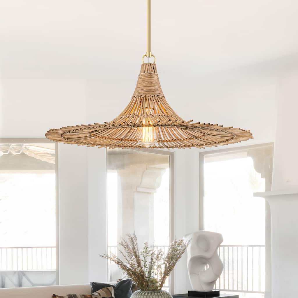 Modern Brushed Gold Pendant Light with Rattan Woven Hat Shade - Dia.23.62-in