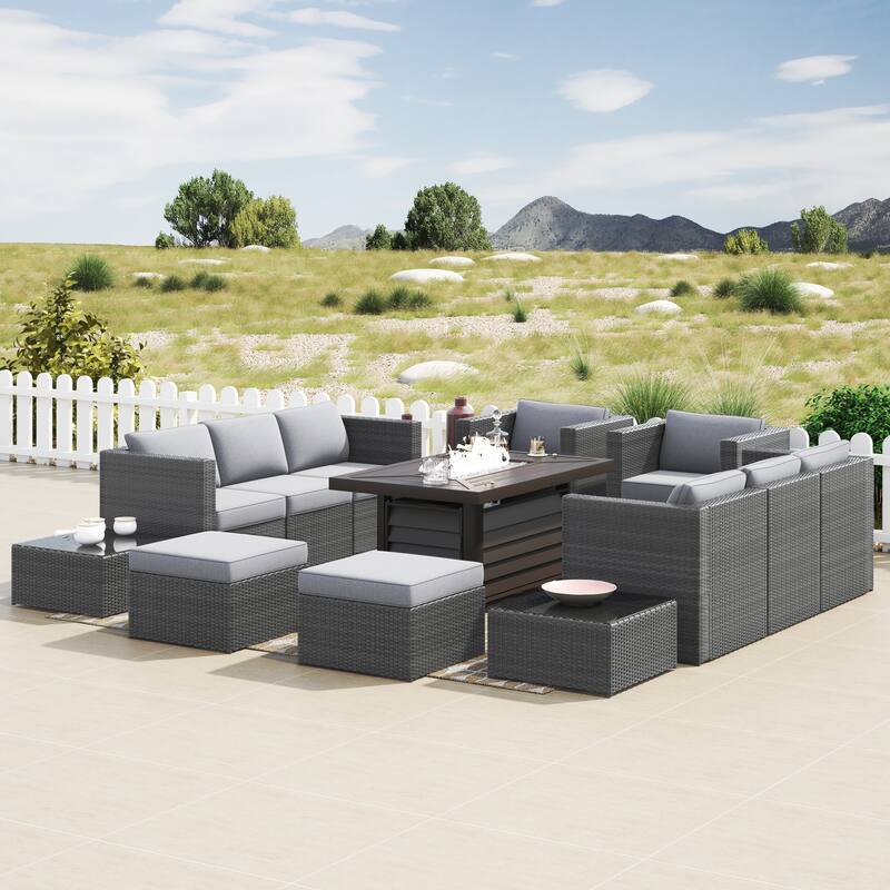 Corvus Trey 13-piece Woven Wicker Sectional Patio Furniture Set with Fire Table