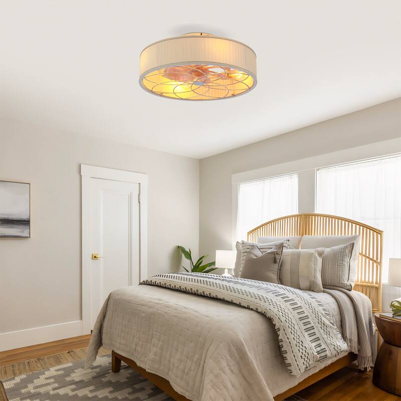 20" Farmhouse Fabric Matte White Bladeless Flush Mount Ceiling Fan With Light and Remote