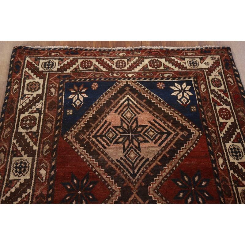 Hand Knotted Oriental 100% Wool Carpet Traditional Geometric Red Hamedan Runner Rug - 9' 10'' X 3' 8''