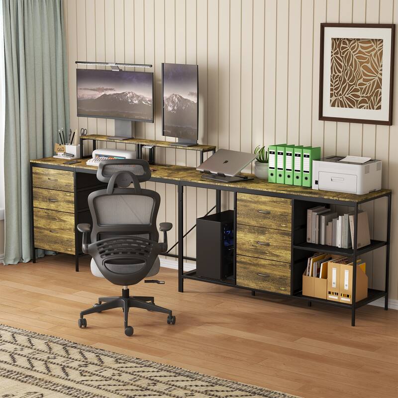 Anmytek Rustic Industrial L Shaped Desk with Power Outlets USB C 6 Fabric Drawers 3 Open Shelves Movable Monitor Stands