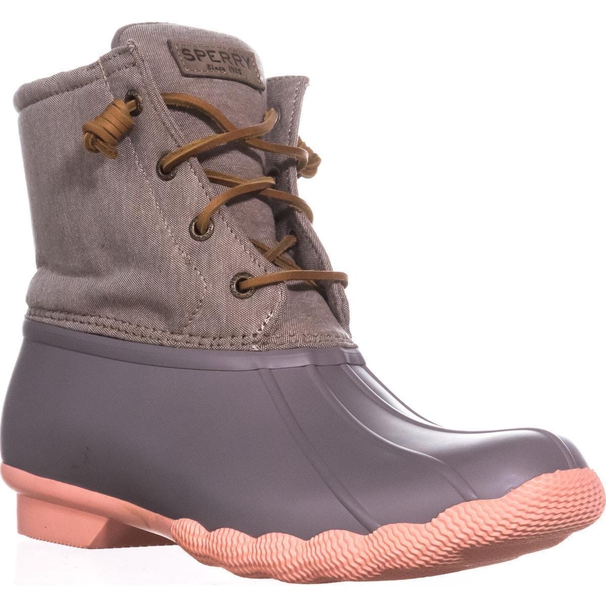taupe and coral sperry duck boots