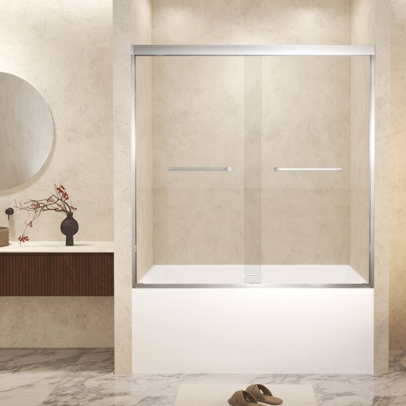 GDFStudio - Landon Modern Double-Sliding Tempered Glass Shower Door Set - 60" x 60" - Brushed Nickel
