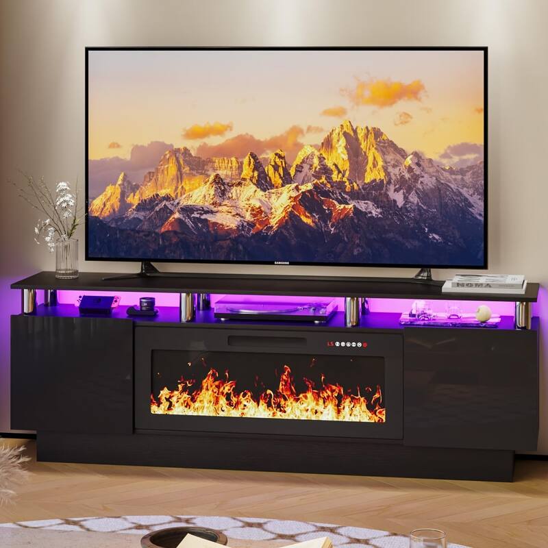 BOSSIN 70" Modern Electric Fireplace TV Stand, with Electronic Flame and LED Lights, High Gloss Finish Entertainment Center