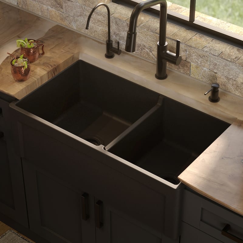 Karran 33" Double Bowl Panel Front Farmhouse Fireclay Kitchen Sink with Reversible Apron Front