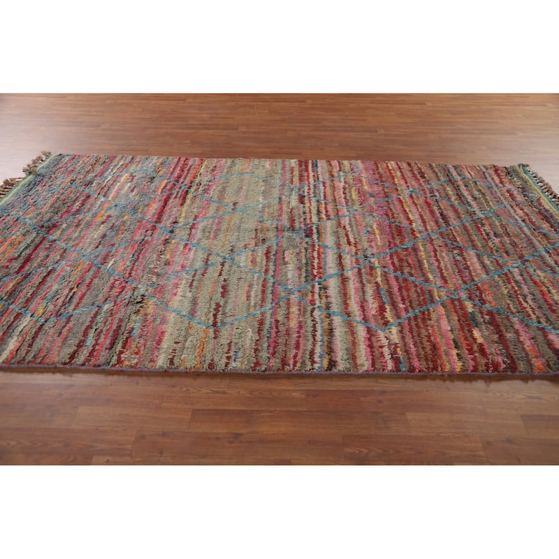 Striped Trellis Moroccan Area Rug Handmade Wool Carpet - 5'8" x 9'9"