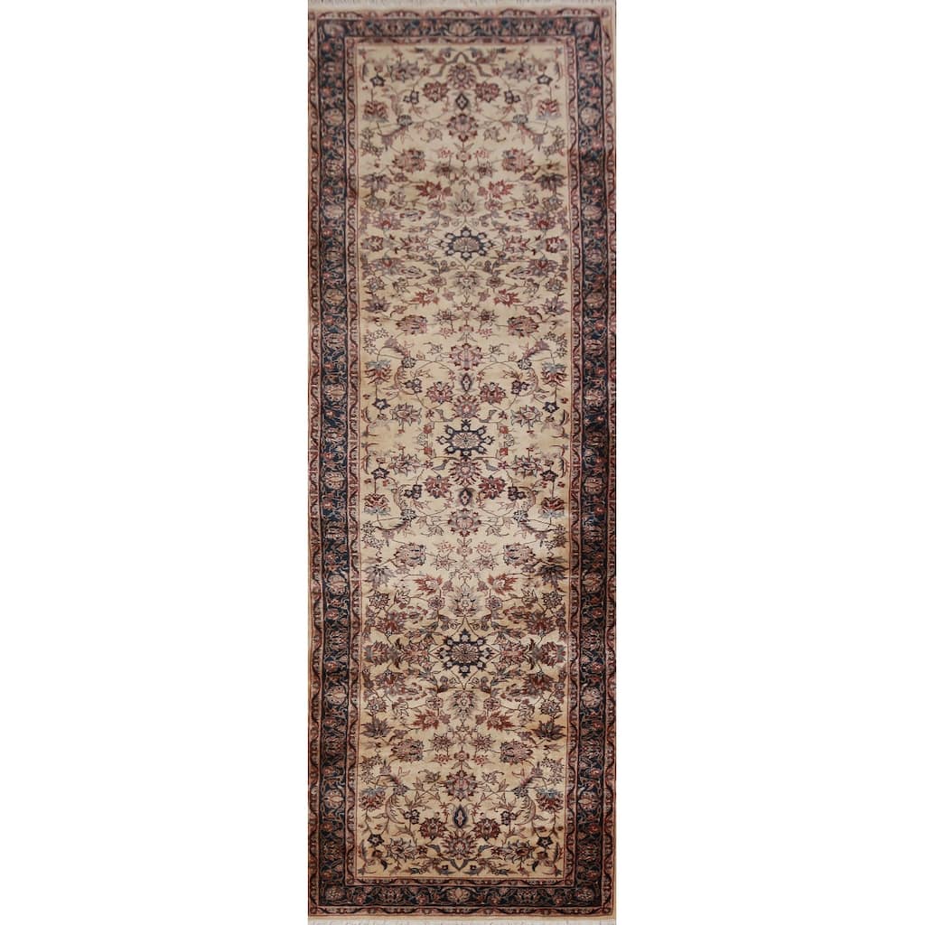 Hand Knotted Oriental 100% Wool Carpet Traditional Floral Beige & Ivories Kashan Runner Rug - 10' 0'' X 2' 7''