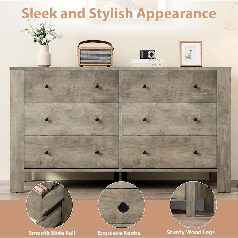 Modern Wooden Double 6 Drawer Dresser for Bedroom