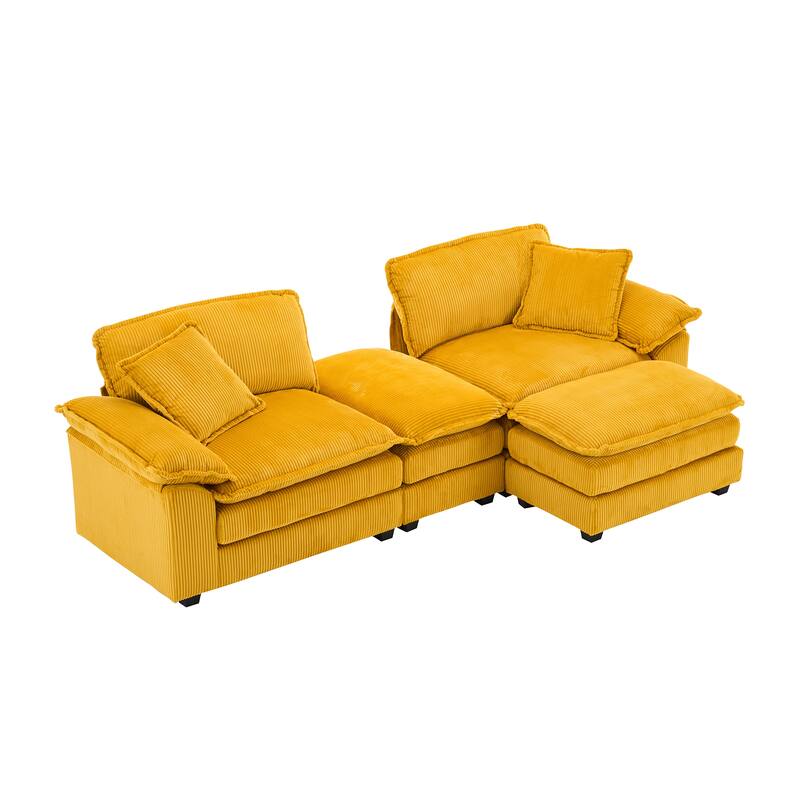 84.6" Corduroy 2-seats sofa With 2 back pillows,2 toss pillows and two ottoman