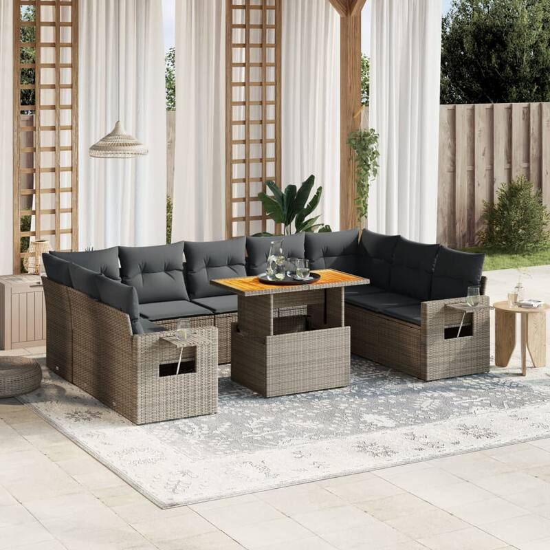 vidaXL Patio Sofa Set with Cushions Table and Sofa Sections 10 Piece Poly Rattan - 21.7 x 39.4 x 28.7 - Grey  - form1