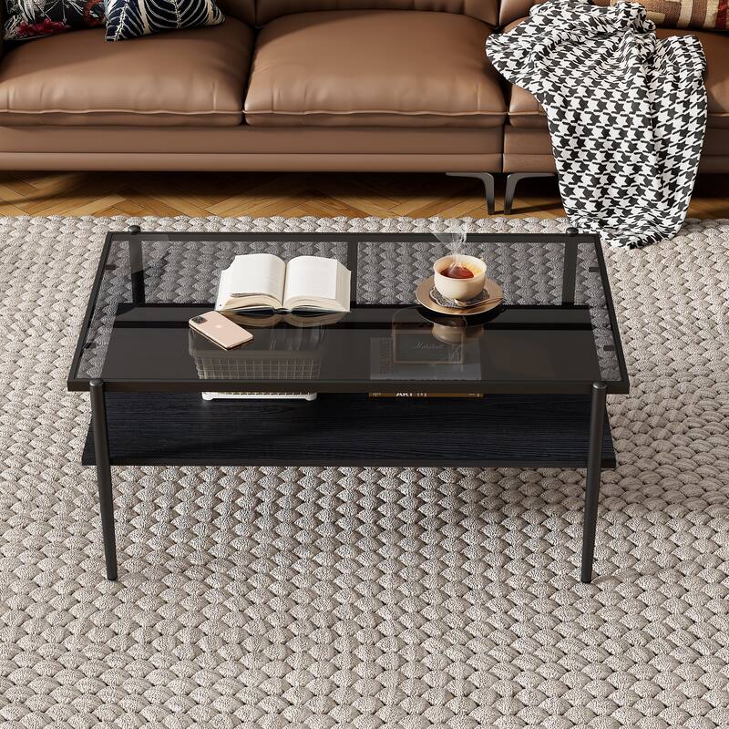 Rectangle Coffee Table with Gray Tempered Glass top and White Legs - Gray+Black
