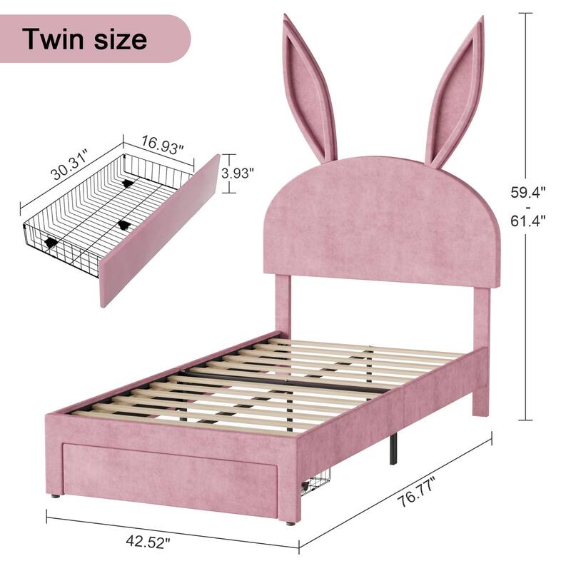 VECELO Wooden Cute Rabbit Twin Bed Frame with Upholstered Headboard, Kids Bed Frame