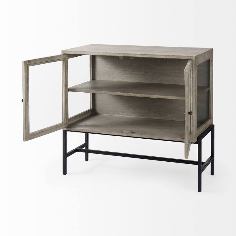 Arelius Light Brown Solid Wood w/ Black Iron Frame & 2 Glass Doors Accent Cabinet - 36.0L x 18.0W x 32.0H