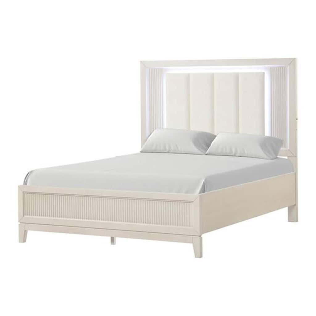 Toi Queen Bed, LED Headboard w Tufted Upholstery, Fluted Antique White