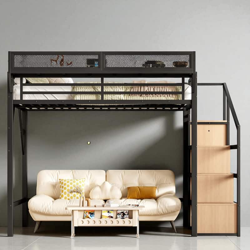 Metal Loft Bed Twin XL/Full/Queen with Storage Stairs, Built-in Wardrobe, USB Ports and LED Lights - Natural Wood - Full