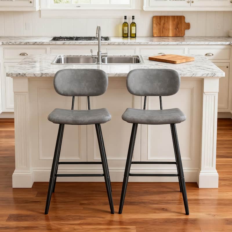 26.75" Leather Counter & Bar Stool with Large Seat and Back - Set of 2 - Grey