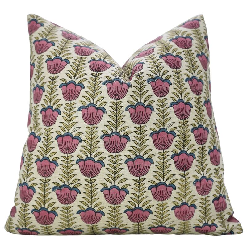 Fabdivine 14x36 Inch Handmade Floral Pillowcase for Couch, Bed, Chair or Gift Pink Soft Linen Throw Décor Cushion Cover, Lotus