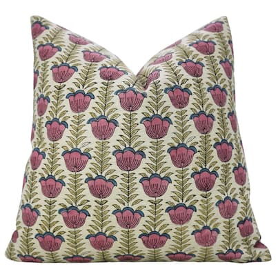 Fabdivine 22x22 Inch Handmade Floral Pillowcase for Couch, Bed, Chair or Gift Pink Soft Linen Throw Décor Cushion Cover, Lotus